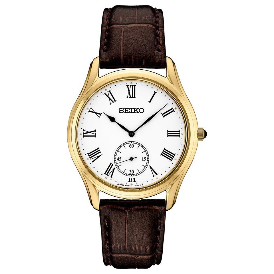 Seiko Men’s Essentials Brown Leather Strap Watch with White Dial