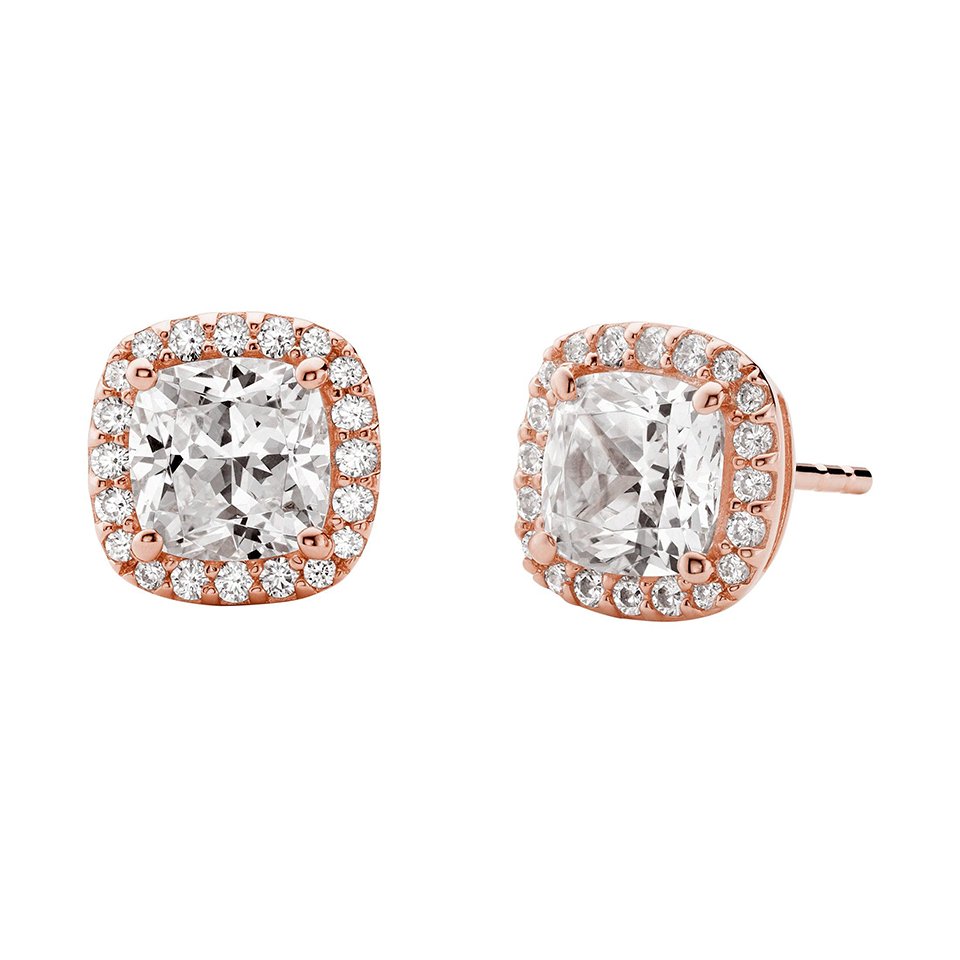 Michael Kors Precious Metal-Plated Sterling Silver Pavé Cushion Cut Halo Stud Earrings in Rose-Gold 